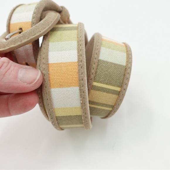 Eddie Bauer Tan Suede & Multicolor Canvas Stripe Belt Sz L Hiking Gorpcore - Picture 3 of 15